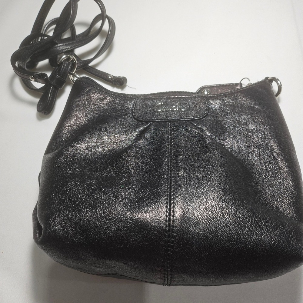 Coach Ashley Metallic Black Pebbled Leather Crossbody Bag Purple Lining Small